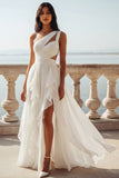 White A Line Ruffled Cut Out Swep Train Beach Wedding Dress with Slit