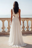 White A Line Ruffled Cut Out Swep Train Beach Wedding Dress with Slit