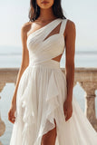White A Line Ruffled Cut Out Swep Train Beach Wedding Dress with Slit