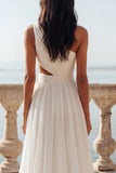 White A Line Ruffled Cut Out Swep Train Beach Wedding Dress with Slit