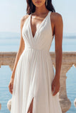 White V-Neck A Line Swep Train Beach Wedding Dress with Slit