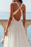 White V-Neck A Line Swep Train Beach Wedding Dress with Slit