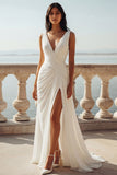 White V-Neck A Line Ruched Swep Train Beach Wedding Dress with Slit