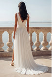 White V-Neck A Line Ruched Swep Train Beach Wedding Dress with Slit