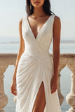 White V-Neck A Line Ruched Swep Train Beach Wedding Dress with Slit