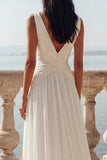 White V-Neck A Line Ruched Swep Train Beach Wedding Dress with Slit