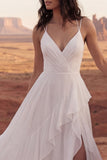 White A Line Swep Train Western Boho Wedding Dress with Ruffles