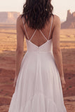 White A Line Swep Train Western Boho Wedding Dress with Ruffles