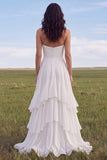 White Strapless A Line Swep Train Tiered Western Wedding Dress with Ruffles
