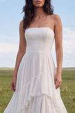 White Strapless A Line Swep Train Tiered Western Wedding Dress with Ruffles