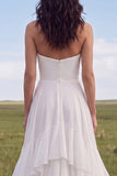 White Strapless A Line Swep Train Tiered Western Wedding Dress with Ruffles