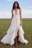 White Halter A Line Swep Train Western Wedding Dress with Ruffles