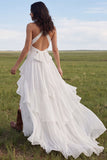 White Halter A Line Swep Train Western Wedding Dress with Ruffles