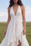 White Halter A Line Swep Train Western Wedding Dress with Ruffles