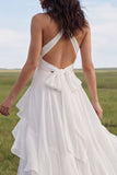 White Halter A Line Swep Train Western Wedding Dress with Ruffles