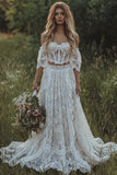 2 Piece White Lace Corset A Line Swep Train Boho Wedding Dress