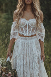 2 Piece White Lace Corset A Line Swep Train Boho Wedding Dress