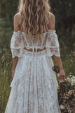 2 Piece White Lace Corset A Line Swep Train Boho Wedding Dress