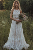 2 Piece White Lace A Line Halter Swep Train Boho Wedding Dress