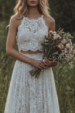 2 Piece White Lace A Line Halter Swep Train Boho Wedding Dress