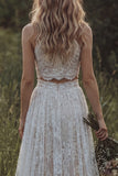 2 Piece White Lace A Line Halter Swep Train Boho Wedding Dress