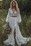 2 Piece White Lace A Line Lantern Sleeves Swep Train Boho Wedding Dress with Slit
