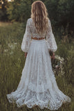 2 Piece White Lace A Line Lantern Sleeves Swep Train Boho Wedding Dress with Slit