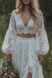 2 Piece White Lace A Line Lantern Sleeves Swep Train Boho Wedding Dress with Slit