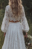 2 Piece White Lace A Line Lantern Sleeves Swep Train Boho Wedding Dress with Slit