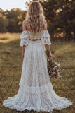 2 Piece White Lace A Line Ruffled Swep Train Boho Wedding Dress with Slit
