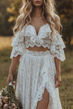 2 Piece White Lace A Line Ruffled Swep Train Boho Wedding Dress with Slit