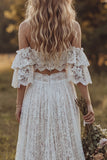 2 Piece White Lace A Line Ruffled Swep Train Boho Wedding Dress with Slit