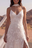 White Lace Embroidered A Line Swep Train Boho Wedding Dress with Slit