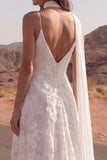 White Lace Embroidered A Line Swep Train Boho Wedding Dress with Slit