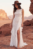 White Lace Ruffled Mermaid Swep Train Western Wedding Dress with Slit
