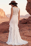 White Lace Ruffled Mermaid Swep Train Western Wedding Dress with Slit