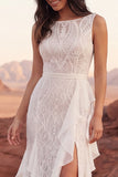 White Lace Ruffled Mermaid Swep Train Western Wedding Dress with Slit