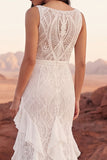 White Lace Ruffled Mermaid Swep Train Western Wedding Dress with Slit