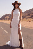 White Lace Halter Mermaid Swep Train Western Wedding Dress with Slit