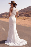 White Lace Halter Mermaid Swep Train Western Wedding Dress with Slit