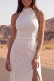 White Lace Halter Mermaid Swep Train Western Wedding Dress with Slit