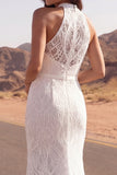 White Lace Halter Mermaid Swep Train Western Wedding Dress with Slit