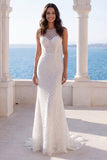 White Bateau Neck Mermaid Swep Train Beach Wedding Dress