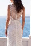 White Bateau Neck Mermaid Swep Train Beach Wedding Dress
