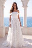 White Off the Shoulder A Line Embroidered Swep Train Beach Wedding Dress