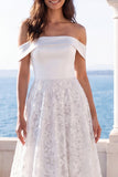 White Off the Shoulder A Line Embroidered Swep Train Beach Wedding Dress