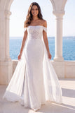 White Mermaid Watteau Train Swep Train Beach Wedding Dress