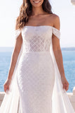 White Mermaid Watteau Train Swep Train Beach Wedding Dress