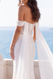 White Mermaid Watteau Train Swep Train Beach Wedding Dress
