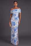 Floral Blue Off the Shoulder Mermaid Long Formal Dress with Slit